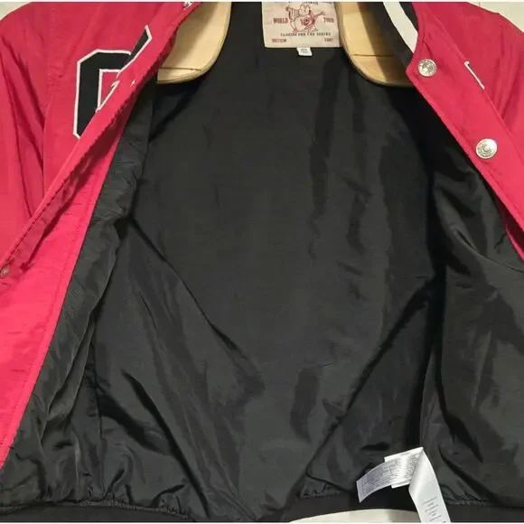 True Religion Bomber Snap Button Varsity Jacket Black Red Size Medium EUC - Picture 7 of 11
